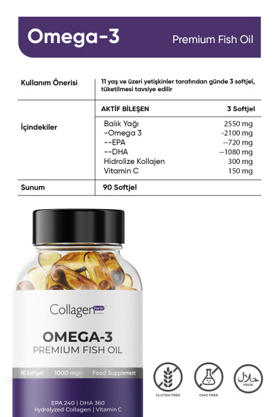 Omega-3 Premium Balık Yağı 90 Kapsül X 1000mg, Balık Yağı, Hidrolize Kolajen & C Vitamini - 17