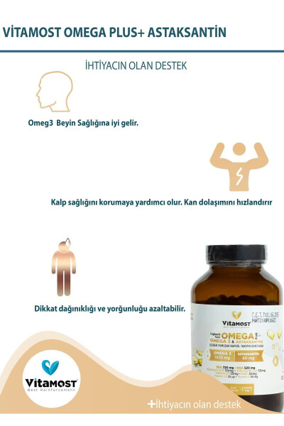 Omega Plus (OMEGA 3, ASTAKSANTİN 40MG, D3K2, KOENZİM Q10) Balık Yağı, Fish Oil 90 Softjel 2000 Mg - 3