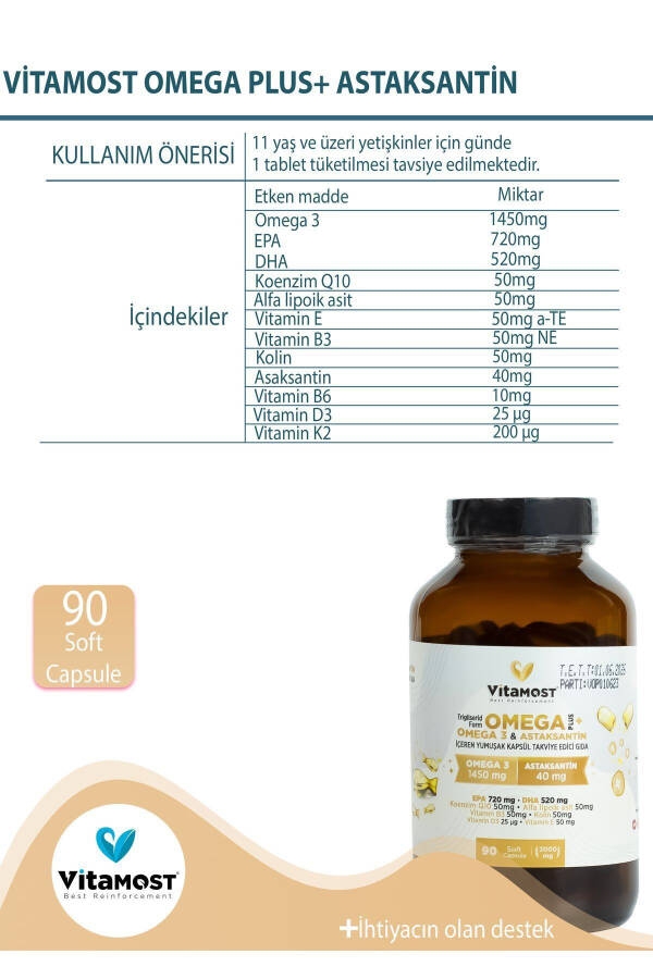 Omega Plus (OMEGA 3, ASTAKSANTİN 40MG, D3K2, KOENZİM Q10) Balık Yağı, Fish Oil 90 Softjel 2000 Mg - 5