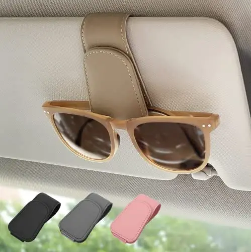 Ompellus 2 Pack Magnetic Leather Sunglass Holder, Eyeglass Hanger Clip for Car Sun Visor, Suitable for Different Size Eyeglasses (Beige, 2 Pack) 