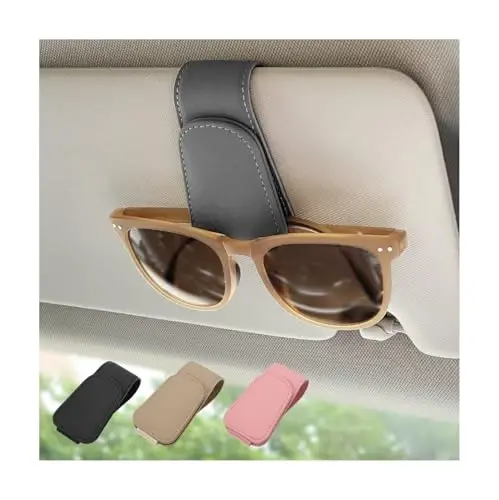 Ompellus 2 Pack Magnetic Leather Sunglass Holder, Eyeglass Hanger Clip for Car Sun Visor, Suitable for Different Size Eyeglasses(Gray, 2 Pack) - 1