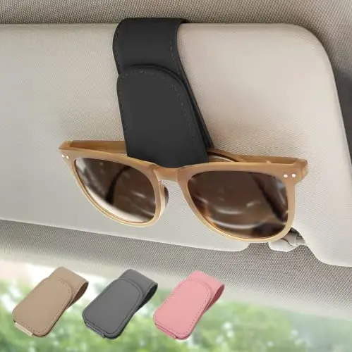 Ompellus 2 Pack Magnetic Leather Sunglass Holder, Eyeglass Hanger Clip for Car Sun Visor, Suitable for Different Size Eyeglasses(Black, 2 Pack) 