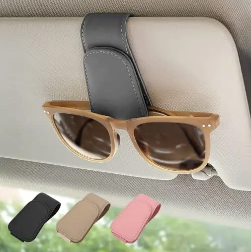 Ompellus Magnetic Leather Sunglass Holder, Eyeglass Hanger Clip for Car Sun Visor, Suitable for Different Size Eyeglasses(Gray, 1 Pack) - OMPELLUS