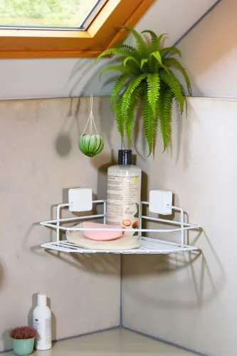 Ömür Boyu Paslanmaz Yapışkanlı BEYAZ Banyo Rafı Banyo Düzenleyici Banyo Organizer Şampuan Rafı - BEYAZ 