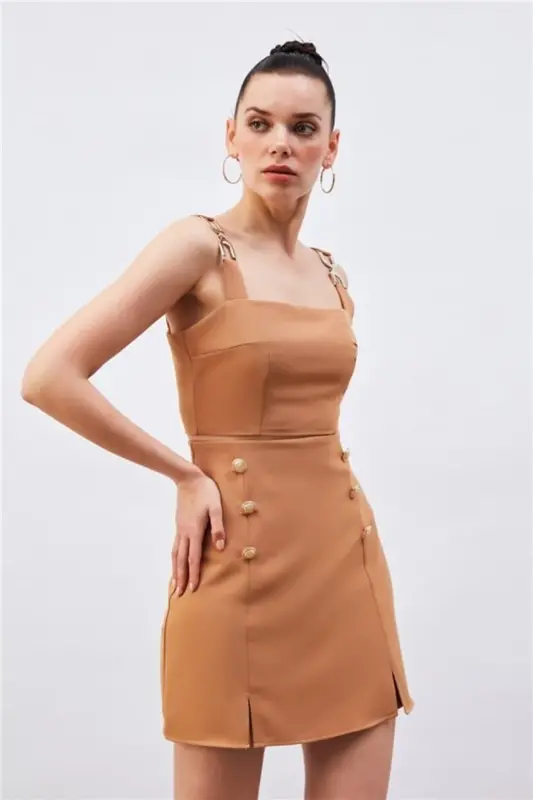 Omuz Aksesuarlı Crop Bluz - CAMEL - 1