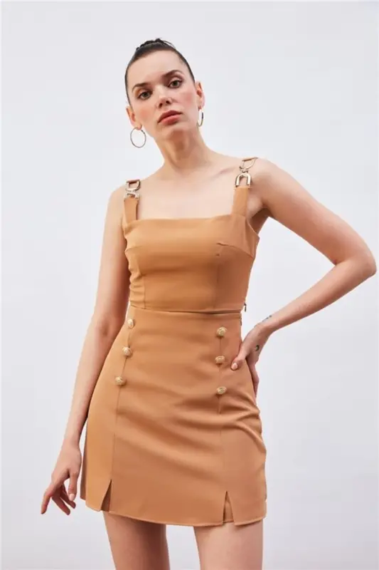 Omuz Aksesuarlı Crop Bluz - CAMEL - 3