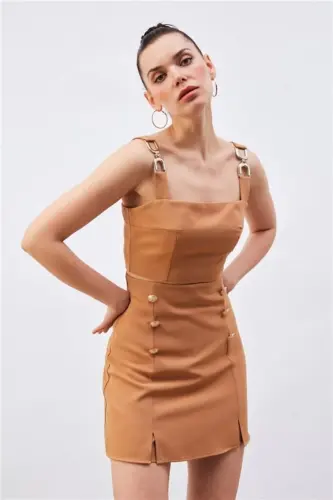 Omuz Aksesuarlı Crop Bluz - CAMEL - 4