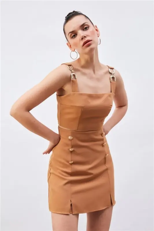 Omuz Aksesuarlı Crop Bluz - CAMEL - 4