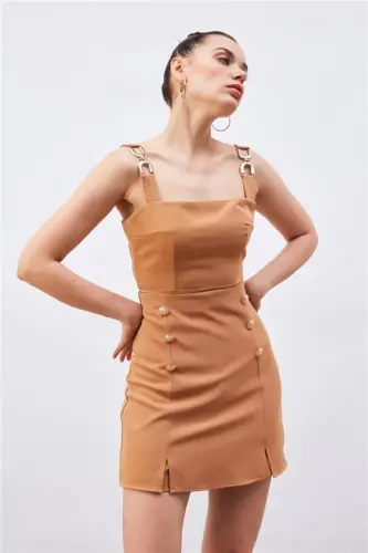 Omuz Aksesuarlı Crop Bluz - CAMEL - 5