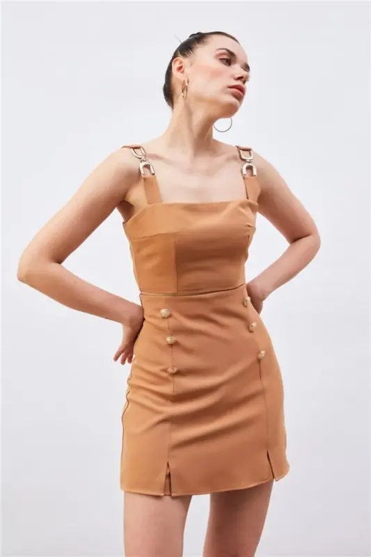 Omuz Aksesuarlı Crop Bluz - CAMEL - 5