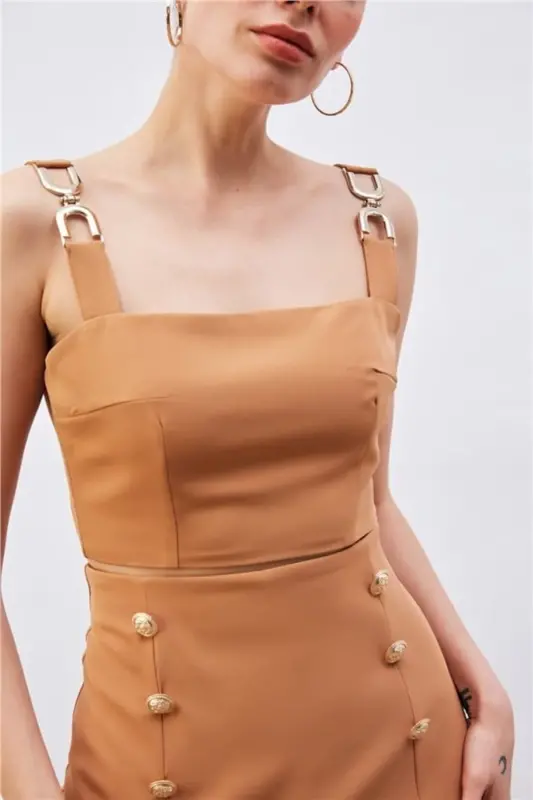 Omuz Aksesuarlı Crop Bluz - CAMEL - 6