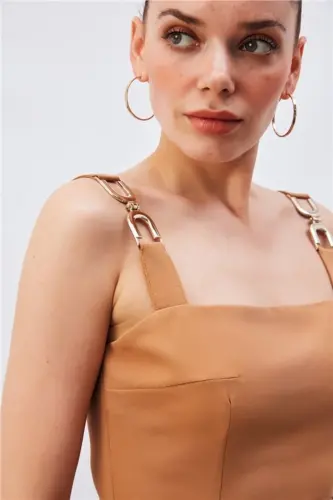 Omuz Aksesuarlı Crop Bluz - CAMEL - 7
