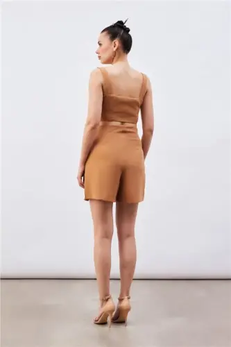 Omuz Aksesuarlı Crop Bluz - CAMEL - 8