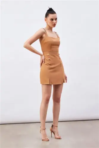 Omuz Aksesuarlı Crop Bluz - CAMEL - SATEEN (1)