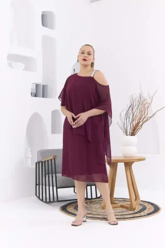 Omuz Taş Baskılı Büyük Beden Violet Şifon Elbise - 3
