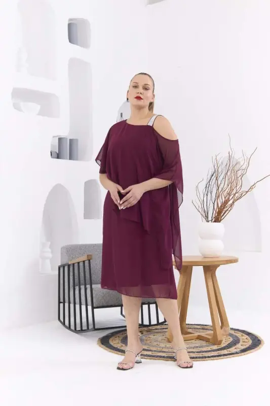 Omuz Taş Baskılı Büyük Beden Violet Şifon Elbise - 3