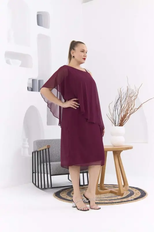 Omuz Taş Baskılı Büyük Beden Violet Şifon Elbise - 4