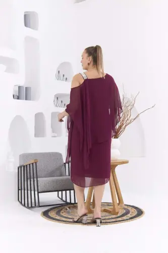 Omuz Taş Baskılı Büyük Beden Violet Şifon Elbise - 5