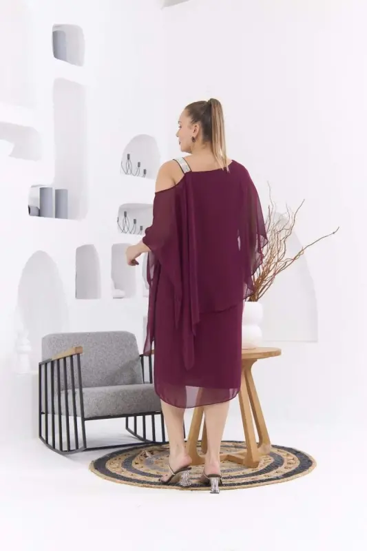 Omuz Taş Baskılı Büyük Beden Violet Şifon Elbise - 5
