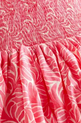 Omuzları Açık Büzgülü Elbise-Pembe/Desenli - 8