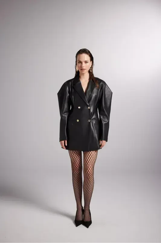 Omuzu Hacimli Vegan Dealer Deri Ceket Siyah - HOLLY LOLLY