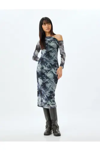 Omzu Açık Drapeli Asimetrik Kesim Midi Tül Elbise-Gri Desenli - 1