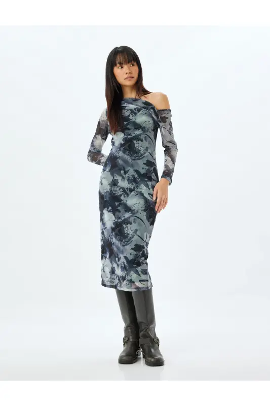 Omzu Açık Drapeli Asimetrik Kesim Midi Tül Elbise-Gri Desenli - KOTON