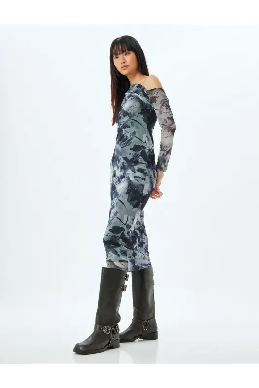 Omzu Açık Drapeli Asimetrik Kesim Midi Tül Elbise-Gri Desenli - 2