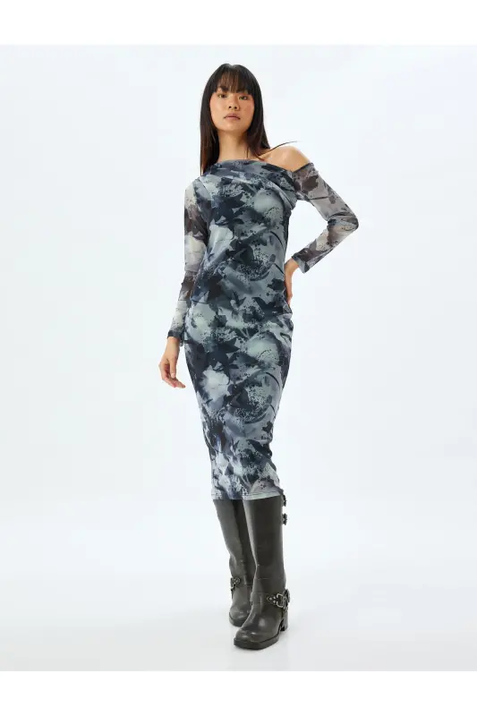 Omzu Açık Drapeli Asimetrik Kesim Midi Tül Elbise-Gri Desenli - 3