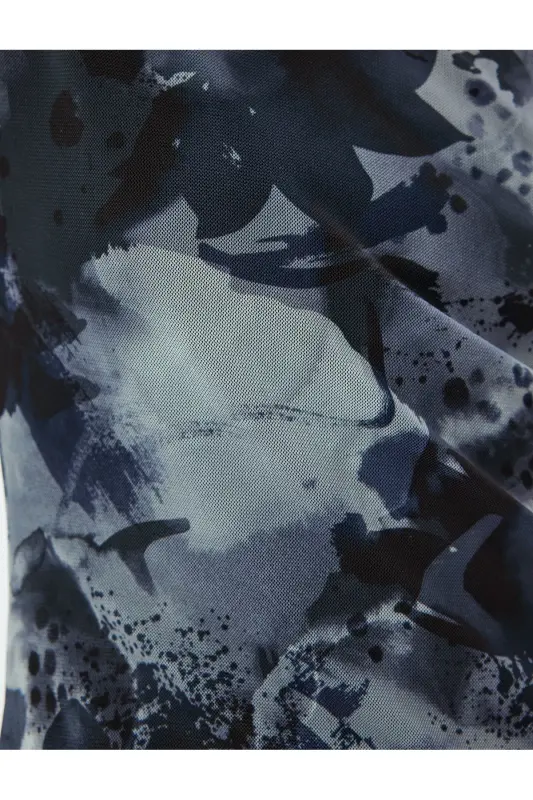 Omzu Açık Drapeli Asimetrik Kesim Midi Tül Elbise-Gri Desenli - 6