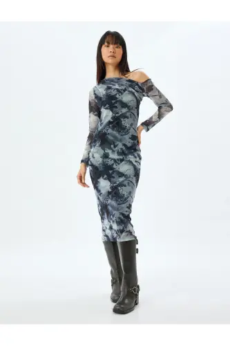 Omzu Açık Drapeli Asimetrik Kesim Midi Tül Elbise-Gri Desenli - 3