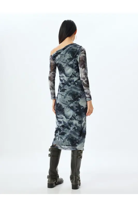 Omzu Açık Drapeli Asimetrik Kesim Midi Tül Elbise-Gri Desenli - 4