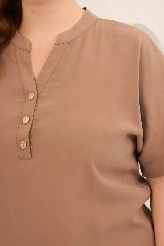 Ön Düğmeli Büyük Beden Modal Bluz Camel - 3