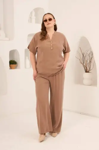 Ön Düğmeli Büyük Beden Modal Bluz Camel - 6