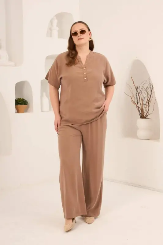 Ön Düğmeli Büyük Beden Modal Bluz Camel - 6