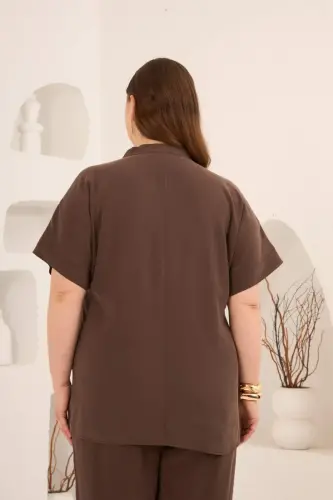 Ön Düğmeli Büyük Beden Modal Bluz Kahve - 1