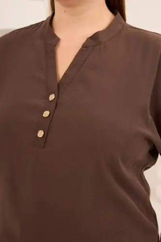 Ön Düğmeli Büyük Beden Modal Bluz Kahve - 4