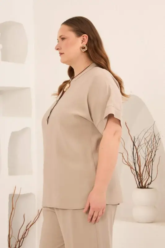 Ön Düğmeli Büyük Beden Modal Bluz Krem - 4