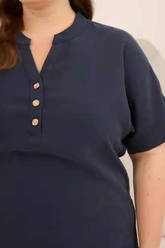 Ön Düğmeli Büyük Beden Modal Bluz Lacivert - 2
