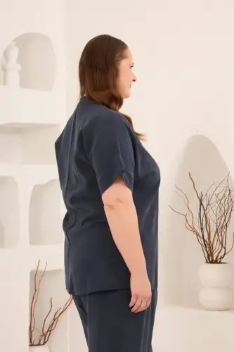 Ön Düğmeli Büyük Beden Modal Bluz Lacivert - 4