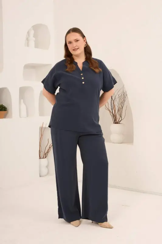 Ön Düğmeli Büyük Beden Modal Bluz Lacivert - 6