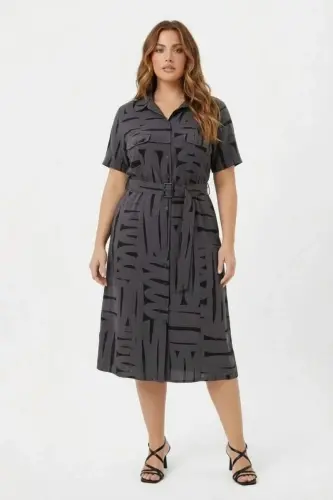 Ön Düğmeli Kuşaklı Büyük Beden Günlük Elbise Füme - 3