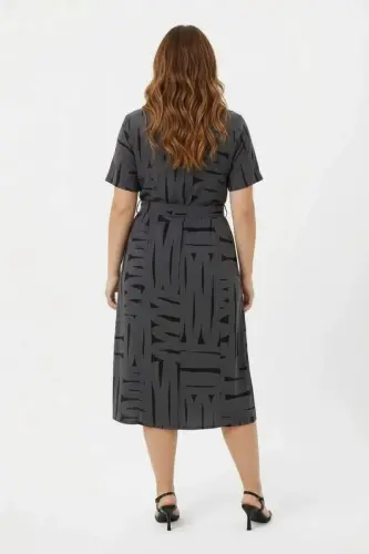 Ön Düğmeli Kuşaklı Büyük Beden Günlük Elbise Füme - 5