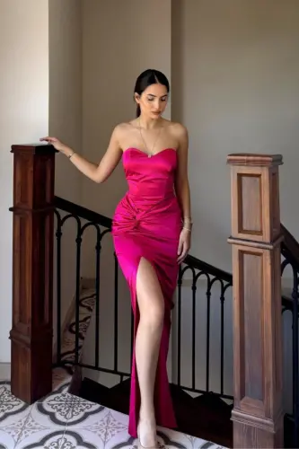 Ön Düğüm Detay Straplez Saten Abiye-FUŞYA - 2