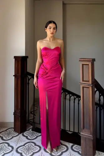 Ön Düğüm Detay Straplez Saten Abiye-FUŞYA - 1