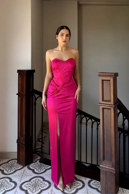 Ön Düğüm Detay Straplez Saten Abiye-FUŞYA - SINDIMODA