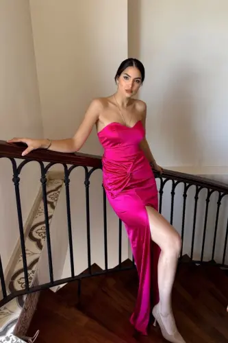 Ön Düğüm Detay Straplez Saten Abiye-FUŞYA - 3