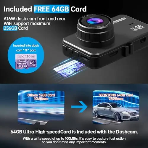 Dash Cam Front and Rear, Dash Camera for Cars WiFi/APP Control Dual Dashcam W/ 64GB Card, 2.5K Dash Cam Front+1080P Rear Car Camera W/Super Night Vision, Loop Recording, G-Sensor, Max Support 256GB - 5