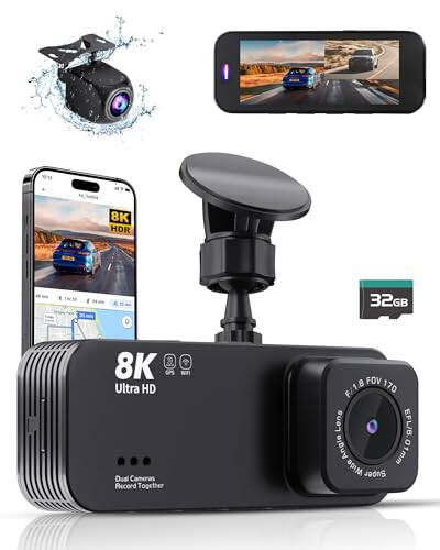 Ön ve Arka Kamera, Ultra HD 8K Dash Cam, Gece Görüşlü Dash Kamera, Araba İçin Dash Kamera, Dahili Wi-Fi & GPS, WDR, 3.16