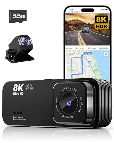 Ön ve Arka Kamera, Ultra HD 8K Dash Cam, Gece Görüşlü Dash Kamera, Araba İçin Dash Kamera, Dahili Wi-Fi & GPS, WDR, 3.16